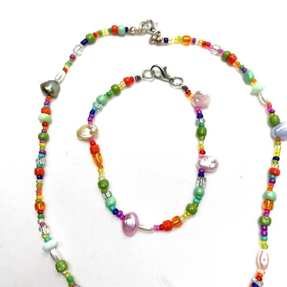 Genuine Pearl Beaded Necklace & Bracelet Set Multicolor 14”L, 7”L - Picture 5 of 8